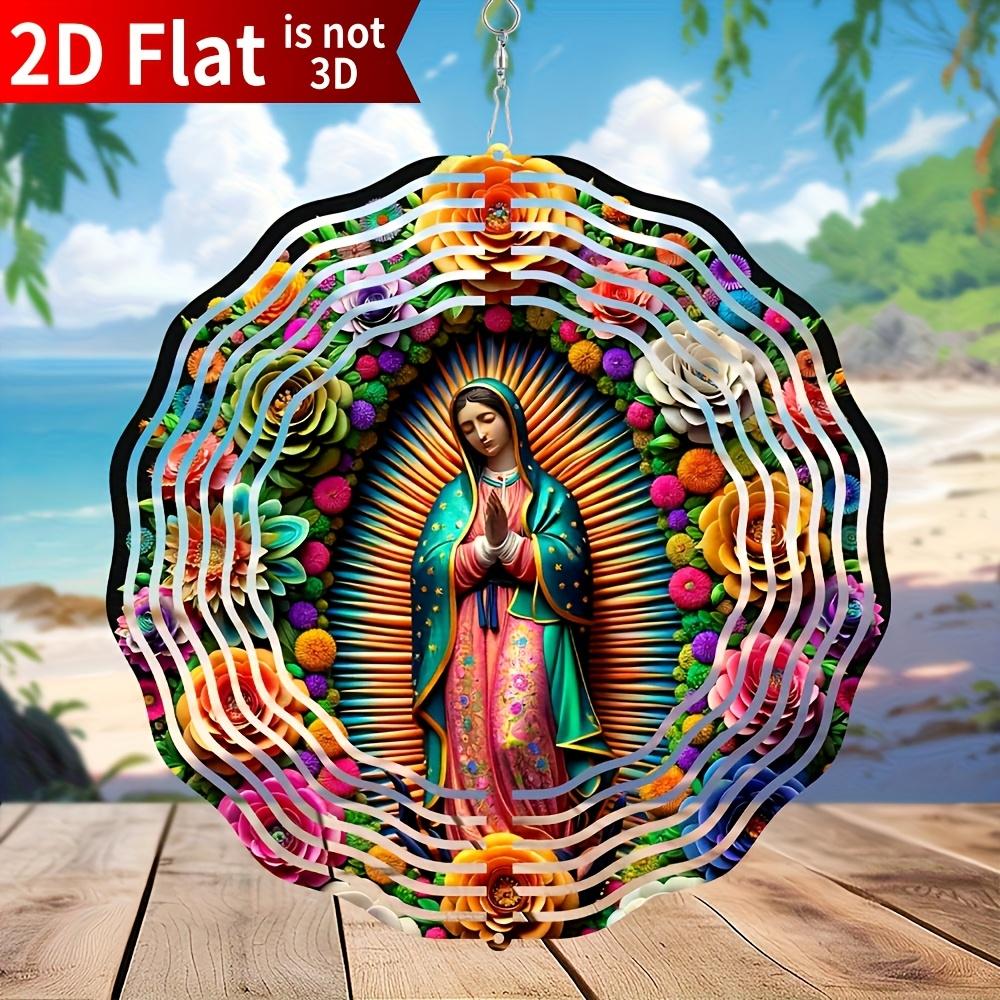 

Virgin of Prayer Wind Spinner. 10-inch metal with floral design for indoor/outdoor decor.