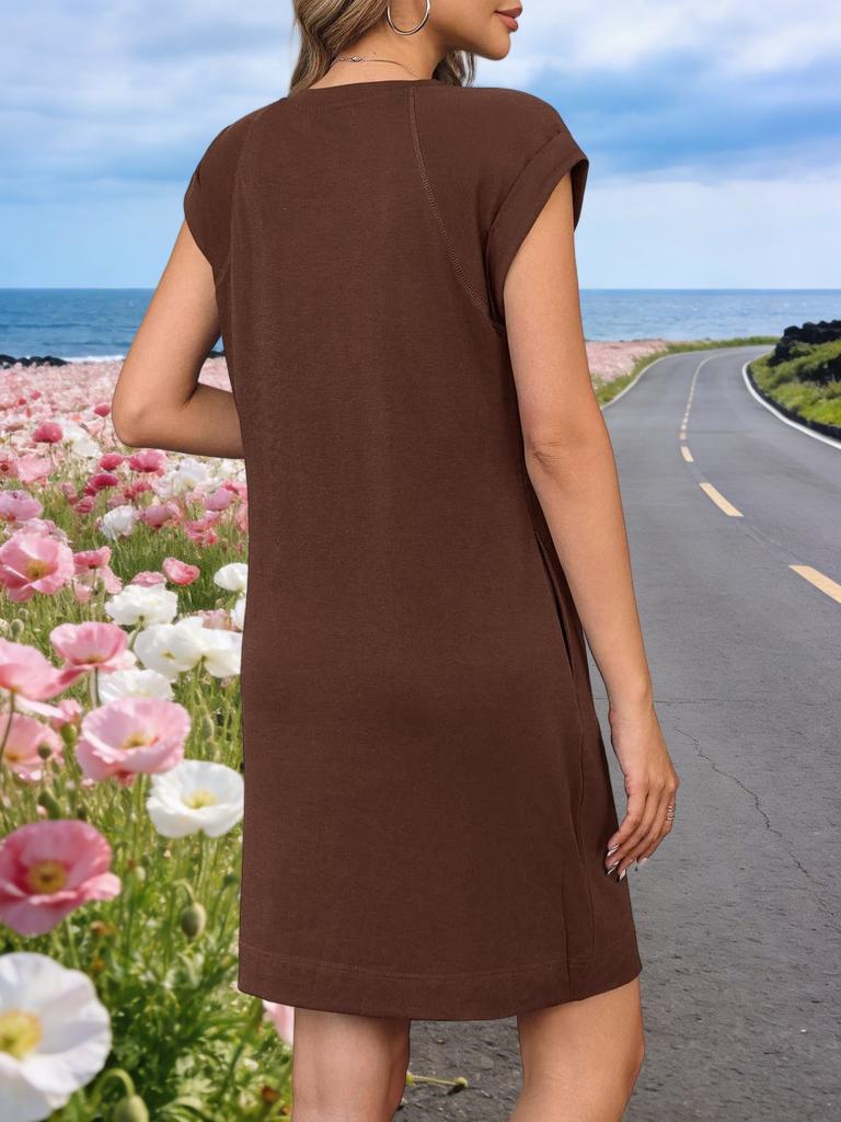 Womens Shift T Shirt Dress Crew Neck Cap Sleeve Loose Mini Summer Dress