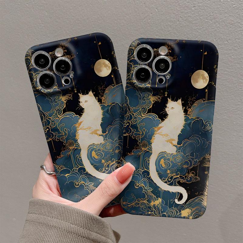 Luxury Moon Cat Glossy Film Hard PC Phone Case for Oppo A6 A5 A78 A3 A3X A60 A74 A38 A58 A96 A57 A76 A36 A17 A16e A55 Pro 4G 5G