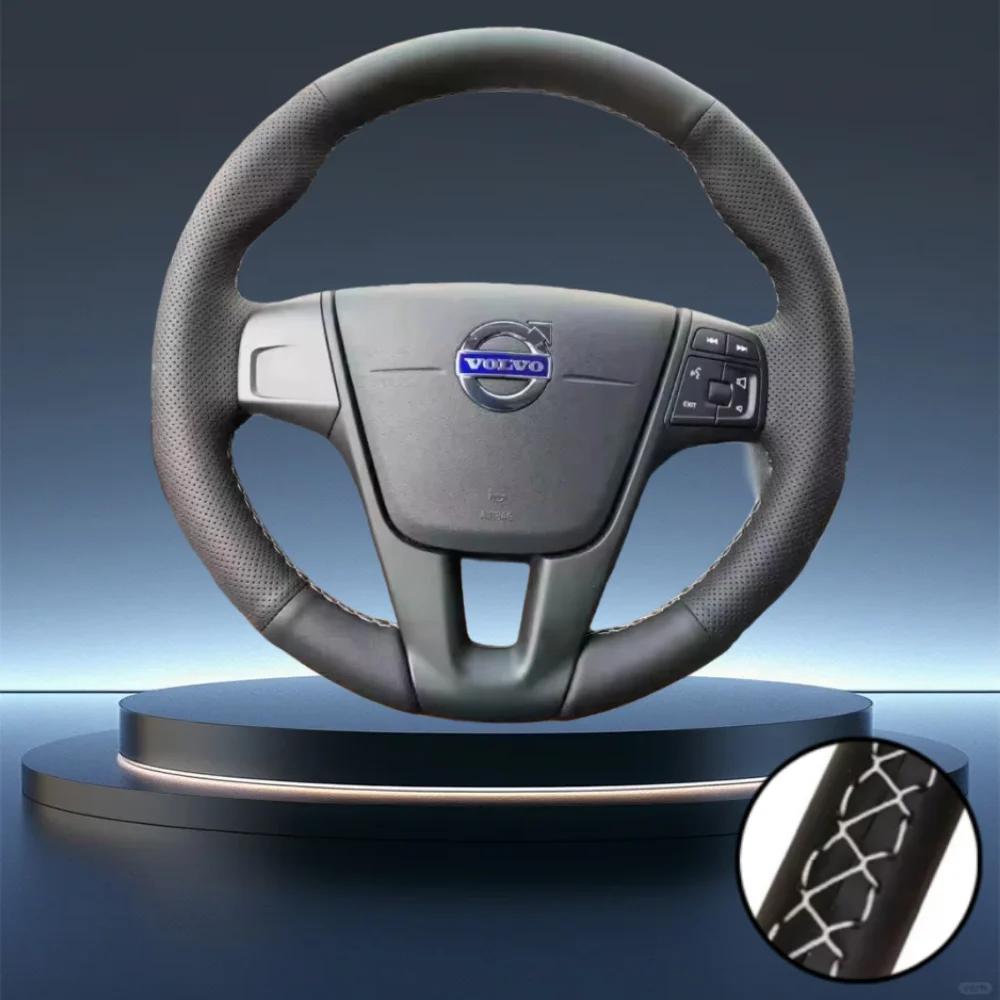 Hand-Stitched Black Perforated Non-slip Microfiber Leather Steering Wheel Cover For Volvo XC60 S60 V40 V60 S40 2011-2017