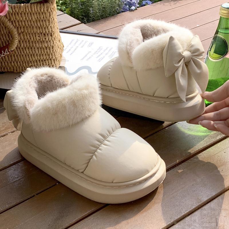 Bow Knot Short Ankle Snow Boots Women Winter Plush And Thick Insulation Waterproof Cotton Household Shoes Home Slipper Women