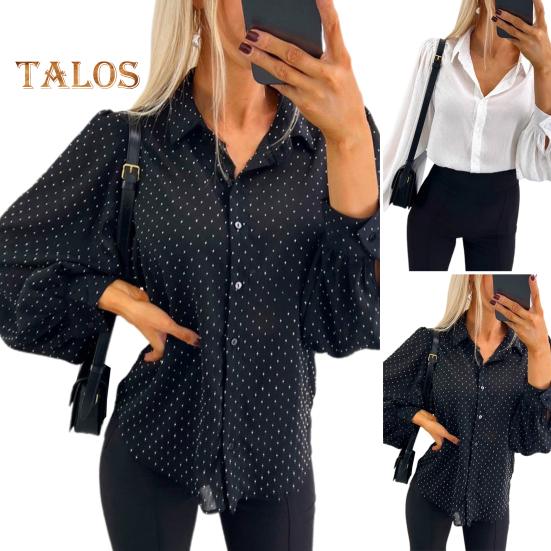 Women Shirt Lapel Lantern Long Sleeve Single Breasted Shirt Tops Casual Commuting Style Loose Fit Shirt Daily Wear