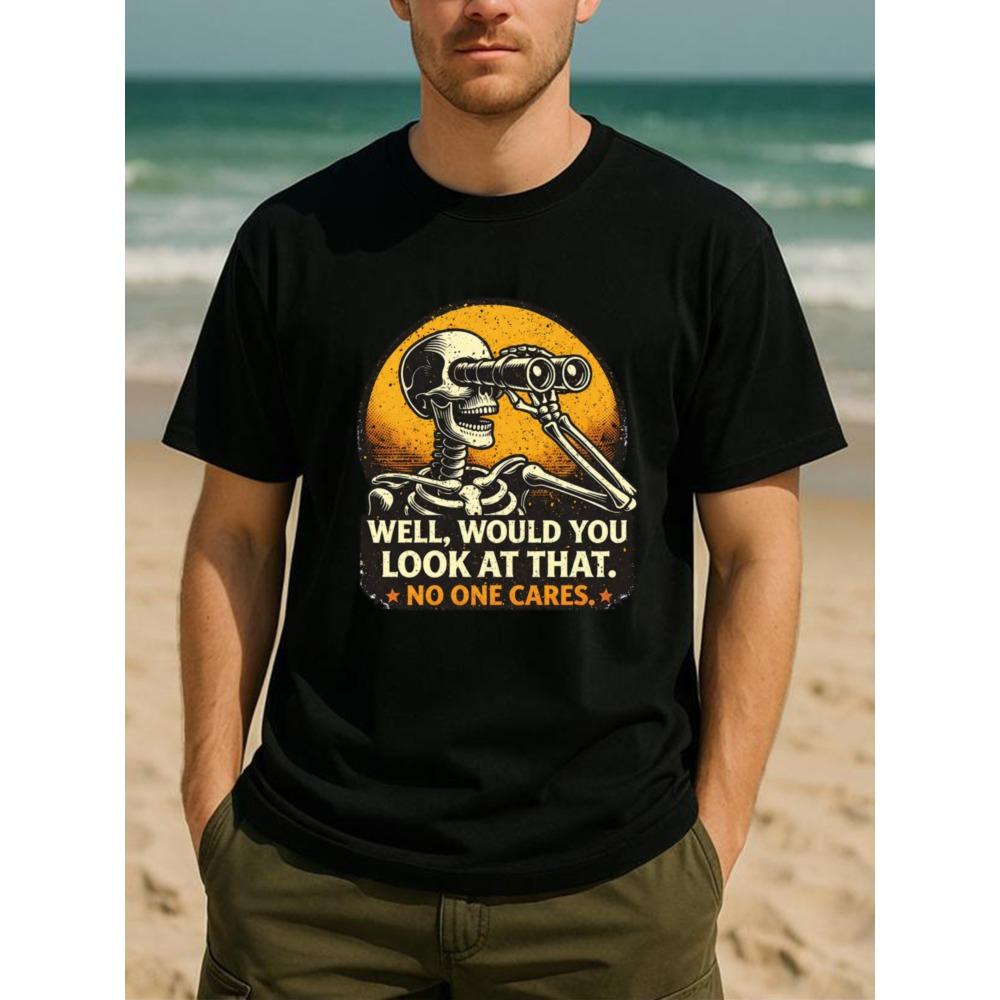 

European sizes A Skull Holding A Telescope with The Slogan Nobody Cares , A Wacky and Playful Style Casual T-shirt, A Round-neck Top 4XL чорний