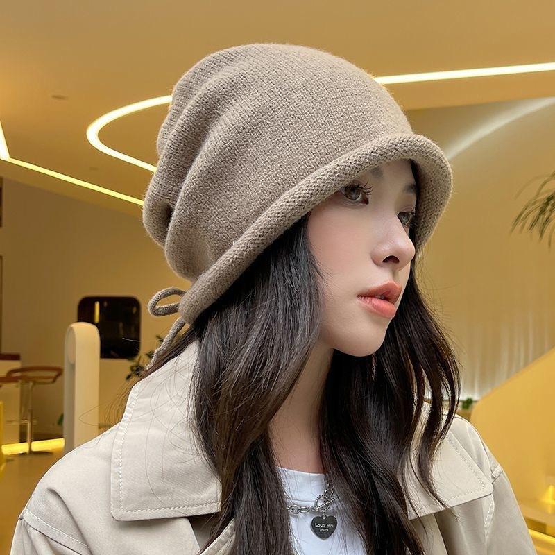 Hat women's winter new big head knitted loose face warm thickened knitted cold hat ear protectors stacked wool hat