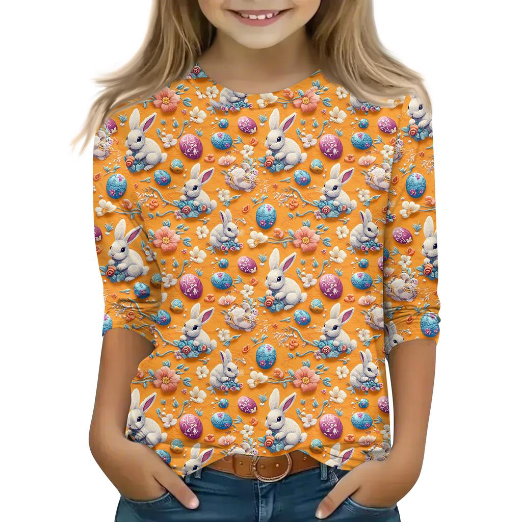 Print Tops For Youth Girls Round Neck 3/4 Sleeves T-Shirts Trendy Tops Outfit Tees