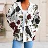 Women Plus Size Zip Up Long Sleeve Hoodie White Raven Rose Key Print Drawstring Hood With Pockets