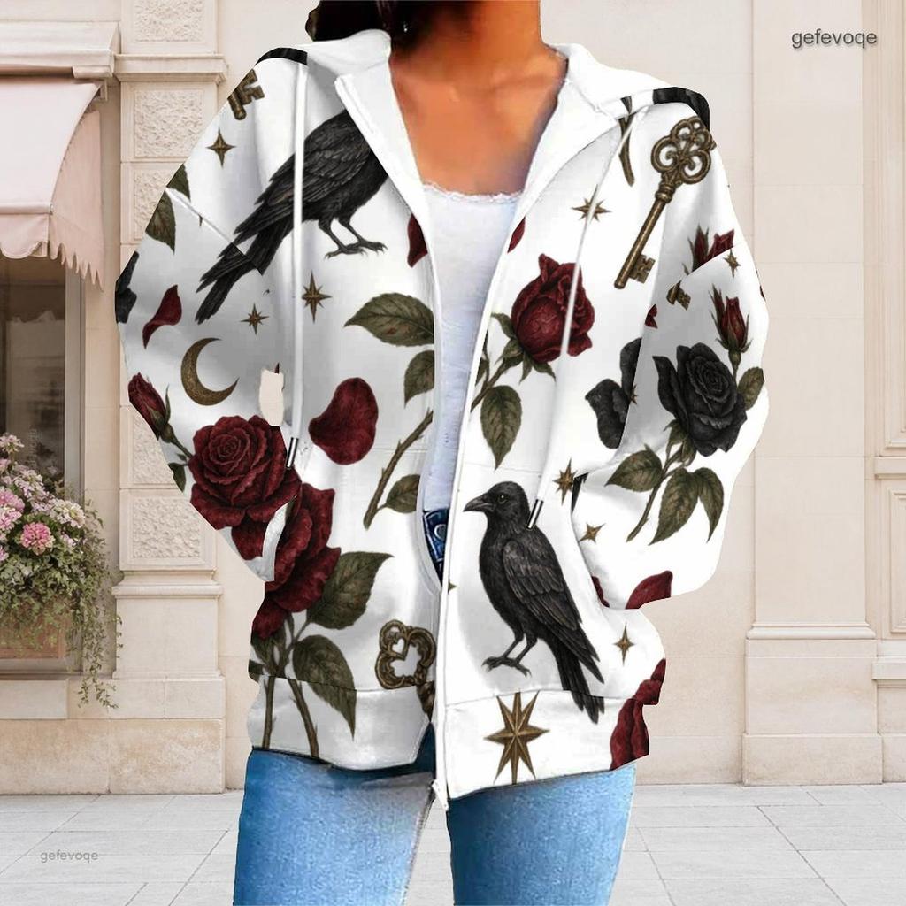 Women Plus Size Zip Up Long Sleeve Hoodie White Raven Rose Key Print Drawstring Hood With Pockets