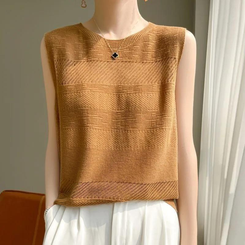 Women Spring and Summer Hollow Sleeveless Thin Soft Sweater Pullover Knitwear Bottoming Tops
