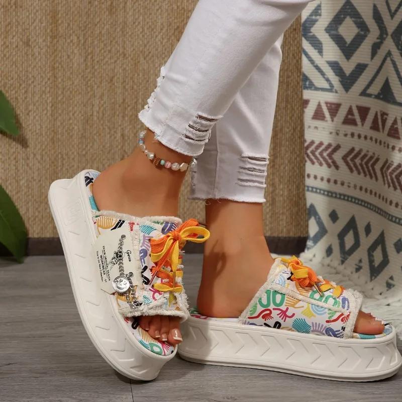 New Plus Size Platform Slippers 2024 Hot Ladies Shoes Peep Toe Women's Slippers Fashion Round Toe Lacing Casual Slippers Women