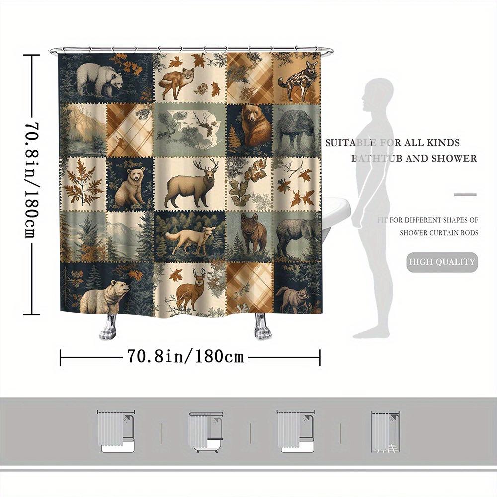 Vintage Animal Collage Shower Curtain - 4x4 Grid, Sepia-Toned Forest & Mountain Design, 70x70", 12 Rust-Proof Hooks, Polyester