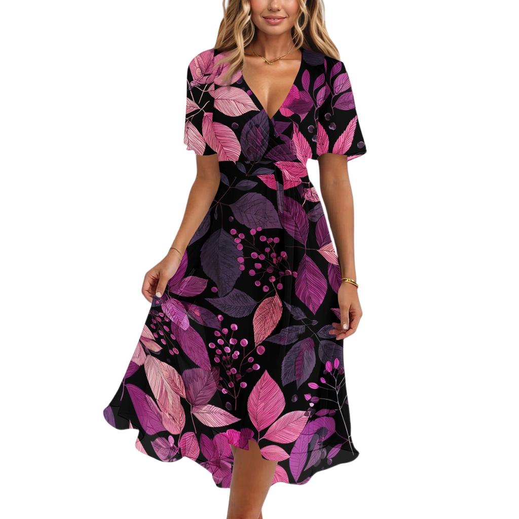 Women's Fashion Casual V Neck Short Sleeve Ruffled Vintage Printed Dresses