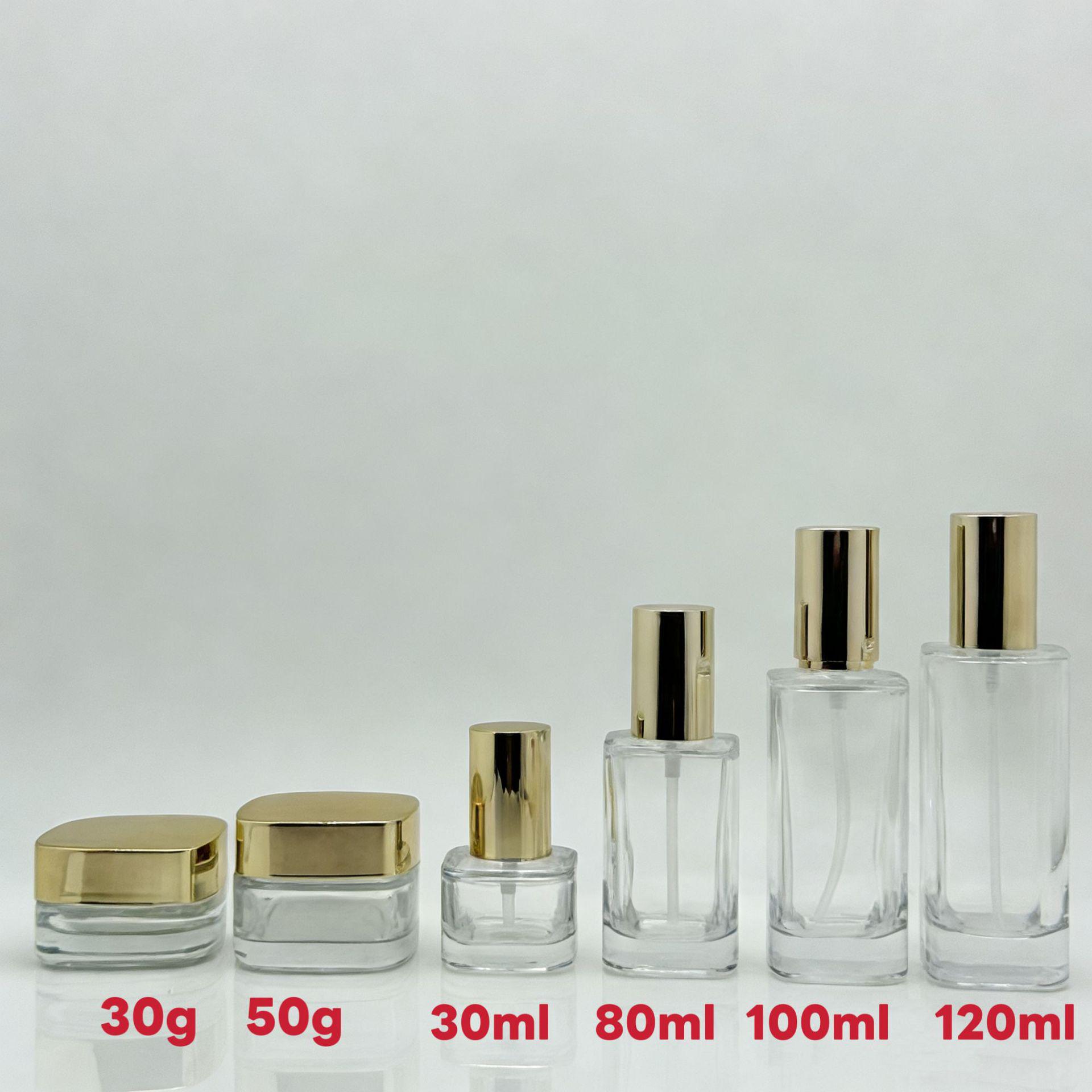 Press-Type Square Skincare Bottle (30ML-120ML) for Lotion, Essence, Toner 30g; accessories (lid pump) + clear bottle; glass