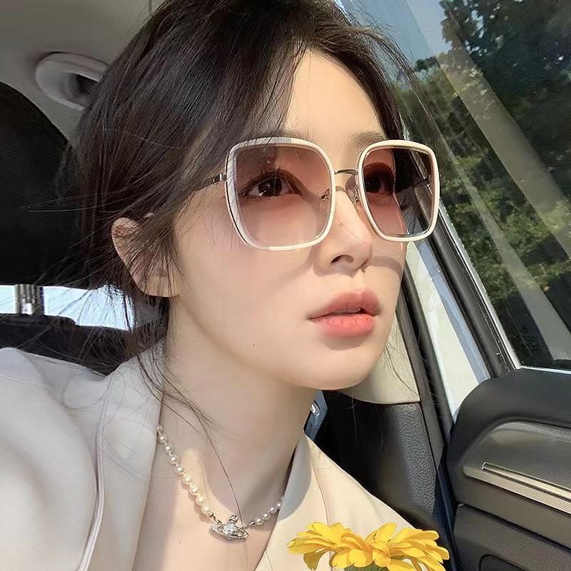 New Tea Sunglasses for Women Luxury Large Frame UV Resistant Designer Sun Eyeglasses High-end Driving Shades