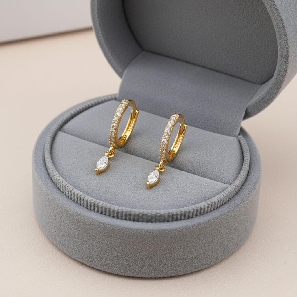 Marquise Drop Huggie Hoop Earrings - 925 Sterling Silver Yellow Plated