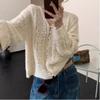 White V-neck Hollow Knitted Cardigan Coat Sweater Women's Thin Spring and Autumn Top