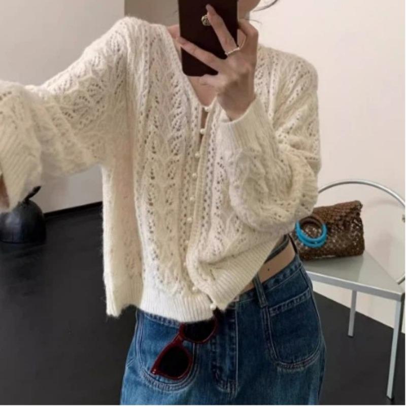 

White V-neck Hollow Knitted Cardigan Coat Sweater Women s Thin Spring and Autumn Top onesize