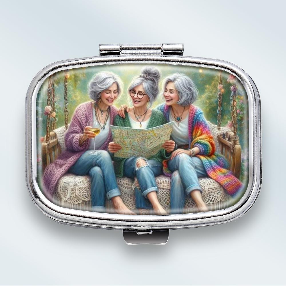 

Portable Pill Box with 2 Compartments, Mini Metal Medicine Organizer Case, Cute Printed Pill Container for Vitamins, Pills, Jewelry, Travel, Daily Use разноцветный