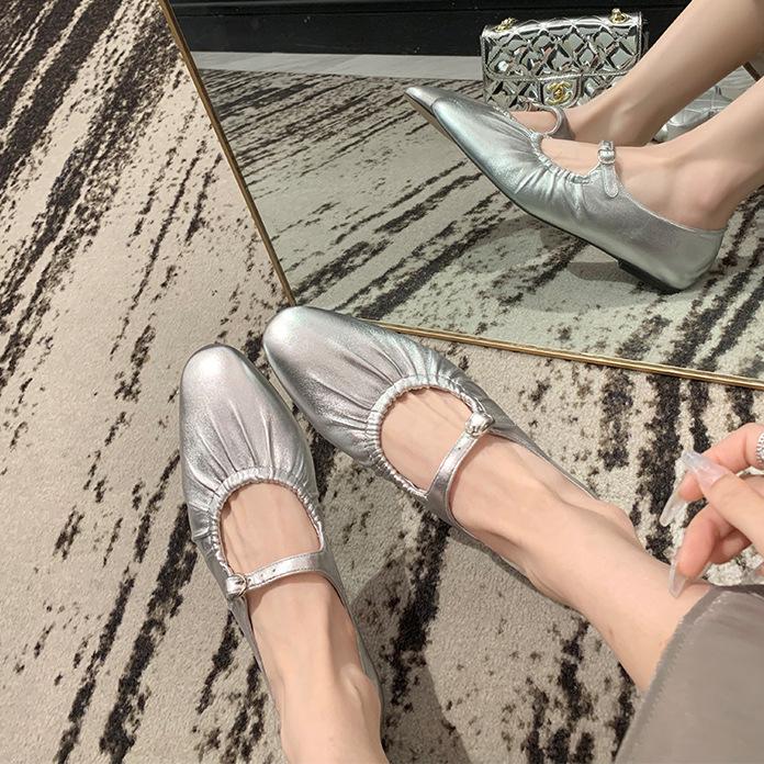 Sheepskin version~ French round head with pleated temperament Mary Jane single shoes women's genuine leather silver small leather shoes ladyshoes