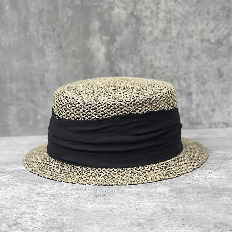 French Retro Salted Seaweed Hollow Woven Small Brim Flat Top Top Hat For Men And Women Summer Fashion Travel Short Brim Straw Hat