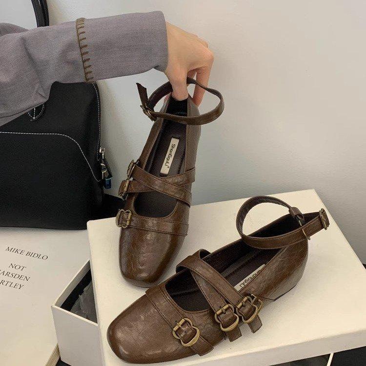 Soft leather version! Retro inner height increase shallow mouth Mary Jane shoes women's design sense cross belt buckle versatile casual single shoes