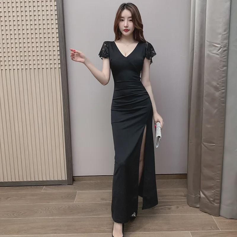 

2025 Spring/Summer Sexy Low-Cut Slimming Evening Lace Gown S чорний