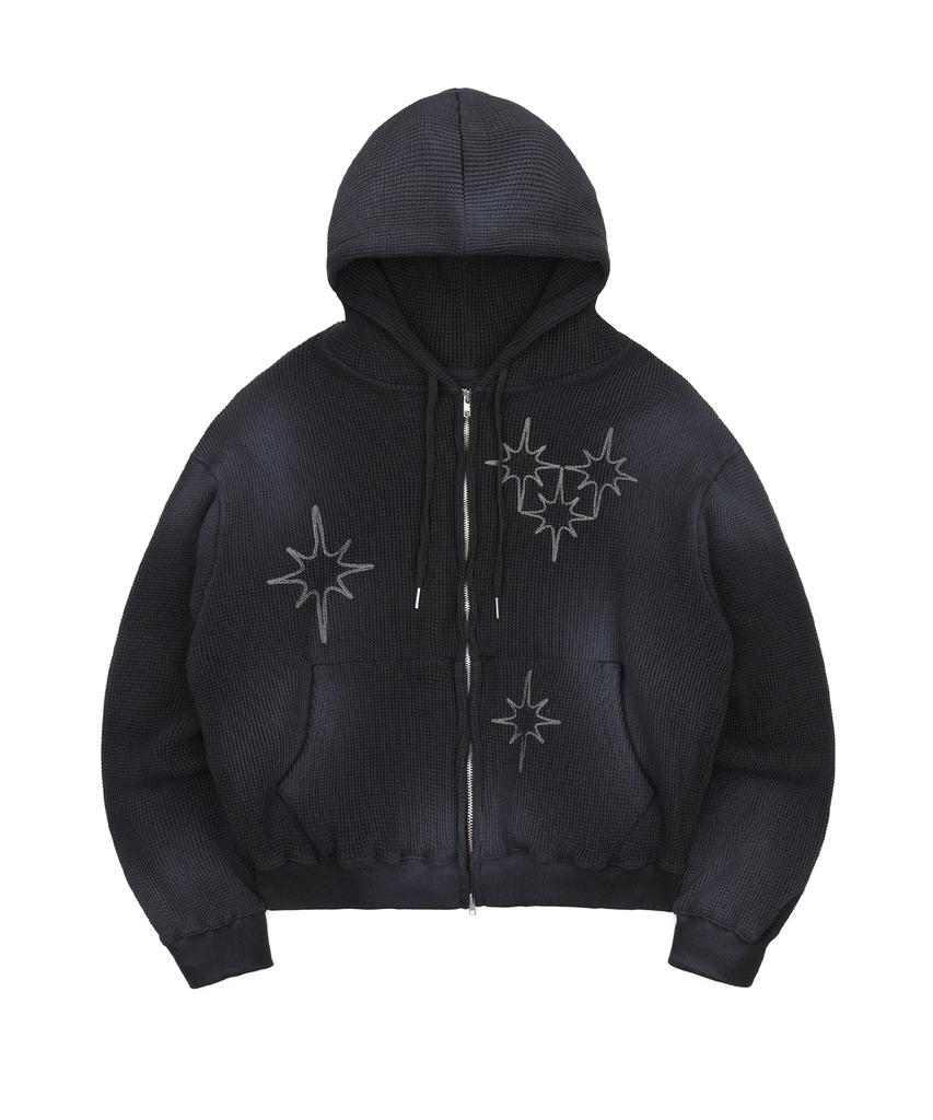 Easy No Easy Washed Star Waffle Zip-Up Hoodie - Black