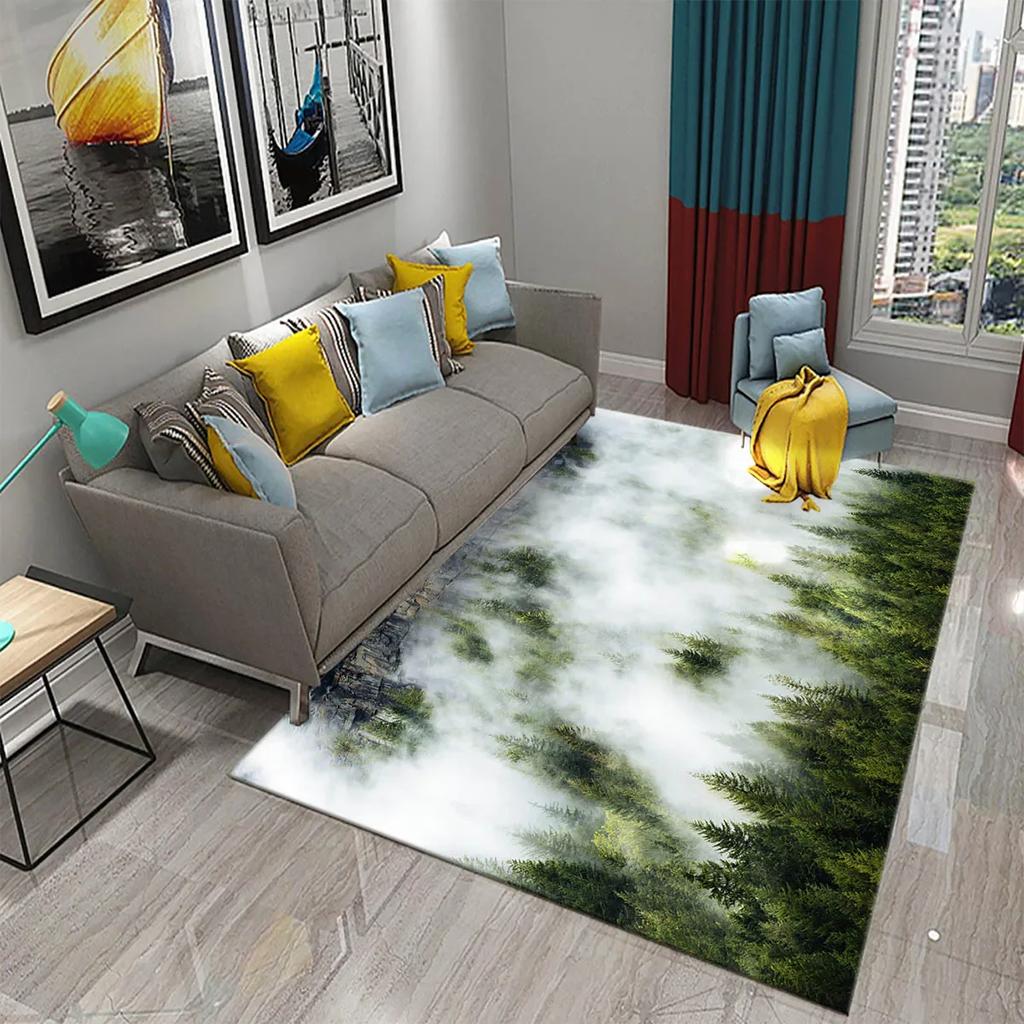 Smoky Forest Carpet Green Trees Mountain Rug Natural Scenery Rectangle Area Rugs Yoga Mats Bedroom Living Room Decor Door Mat