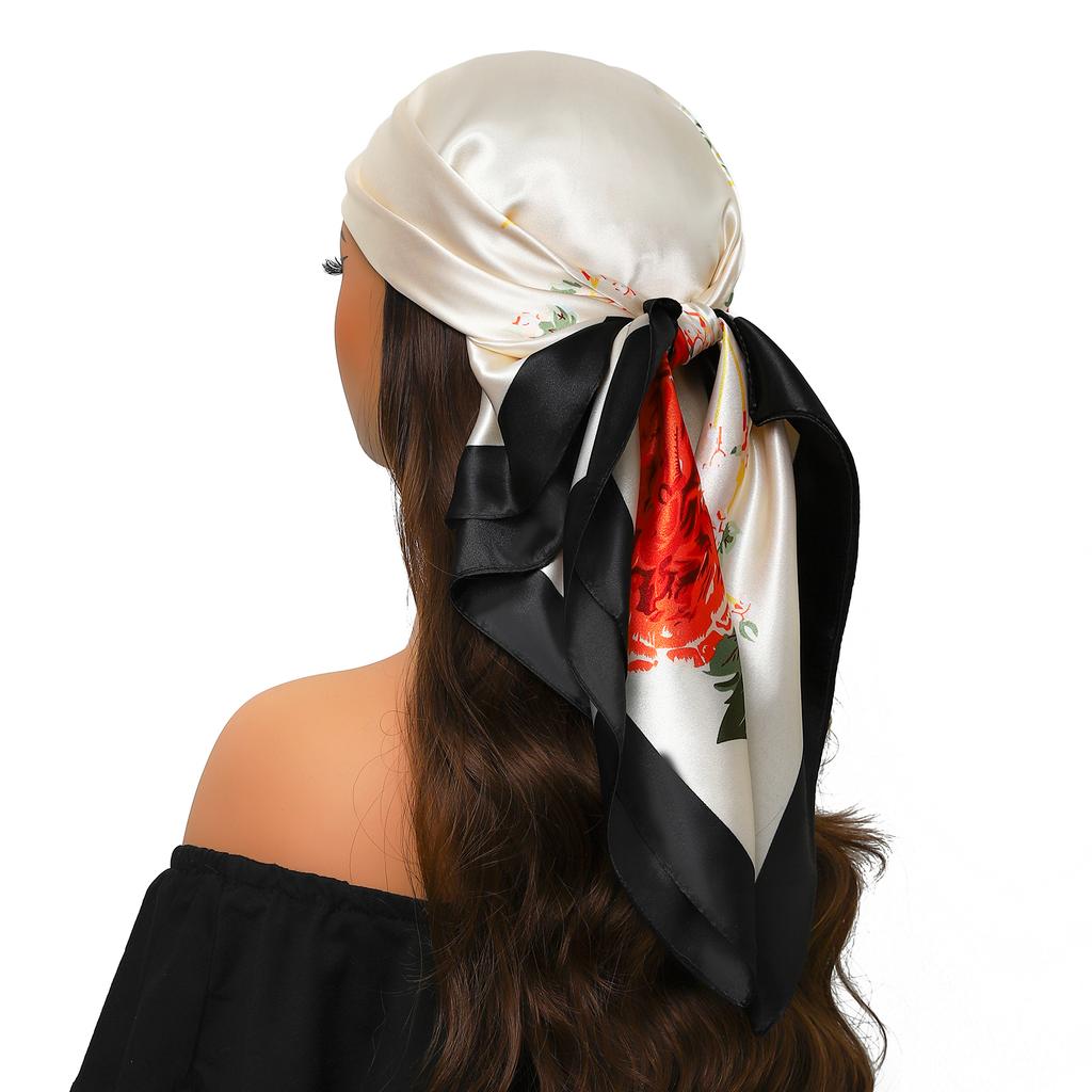 new 90*90cm Vintage Flowers Square Scarf Women Silk Shawl Neckerchief Female Print Headband Head Wraps Foulard Hijab Hair Bands