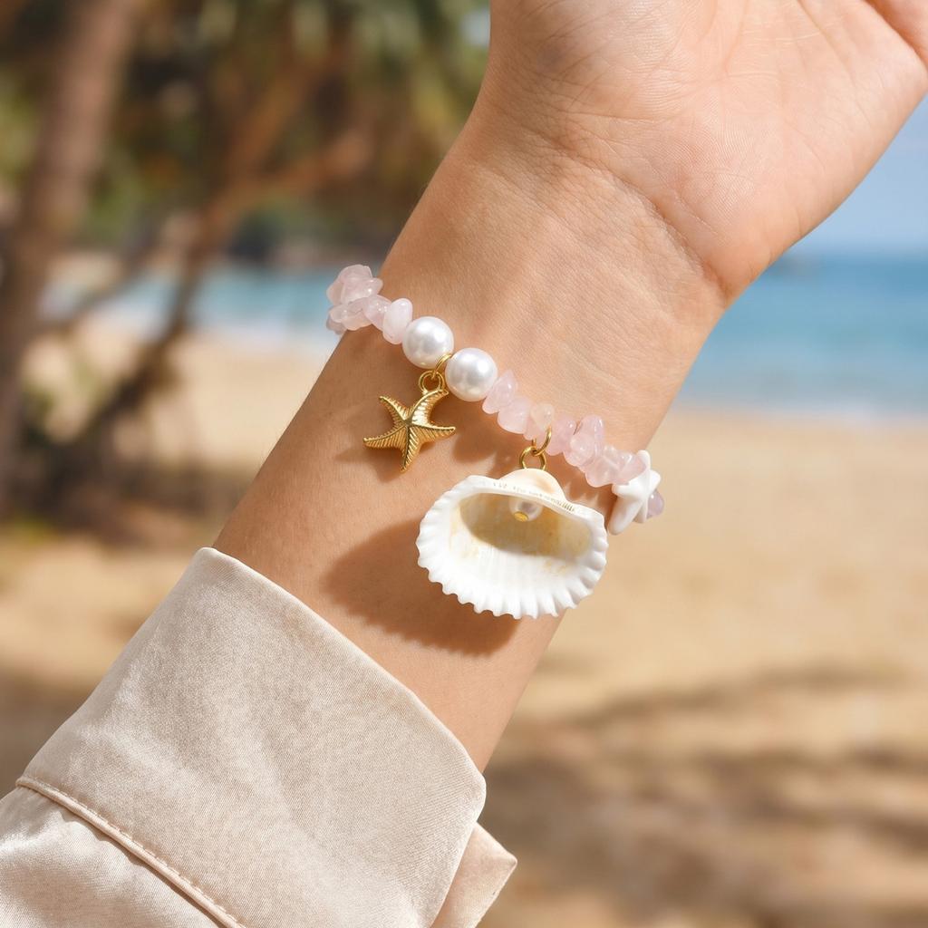 Starfish Shell Crushed Stones Pearl Beads Bracelet for Women, Gold Color Summer Beach Aesthetic Jewelry