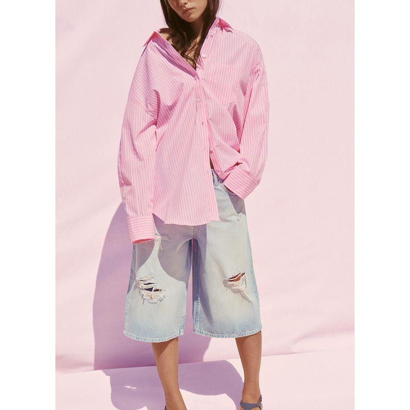 Spring New Women's Clothing Single Row Multi-Buckle Pleated Decoration Stripes Loose Lapel Long Sleeve Shirt 2180067