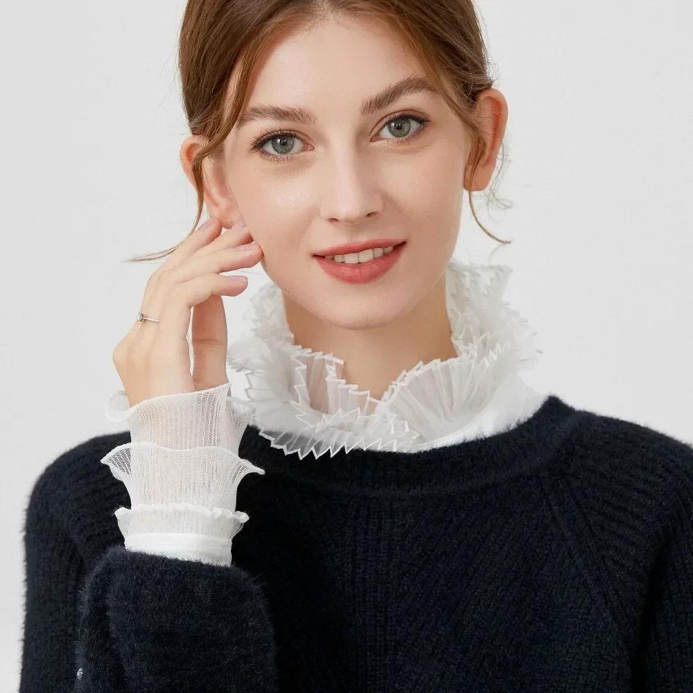 Ruffle Front Tie Solid White Fake Collar for Women Stand Detachable Collar Fake Girls Vintage Lace Ladies False Blouse Collar