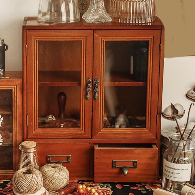 Wooden Desktop Organizers Cabinet with Glass Door for Cosmetics, Stationery, Small Kitchen Items and Decors Use