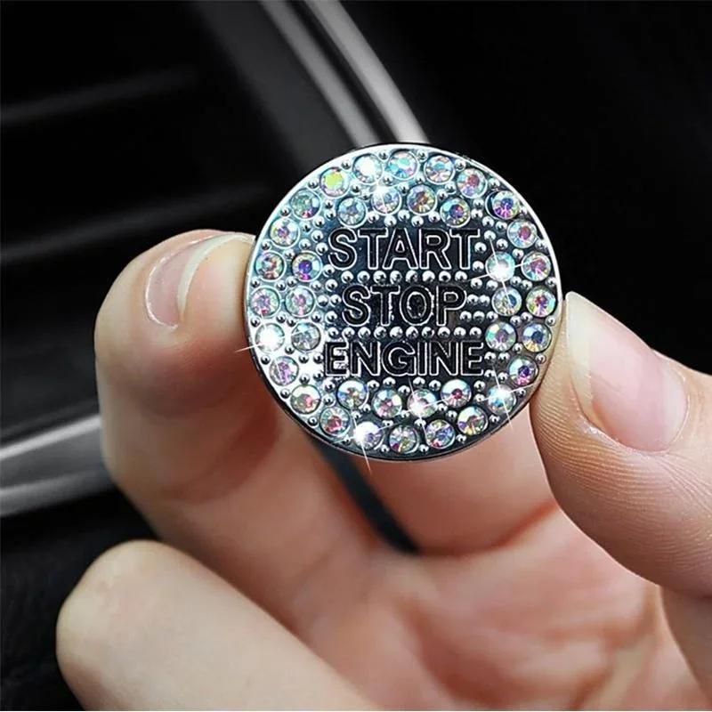 Car Bling Crystal Rhinestone Engine Start Ring Decals, Car Push Start Button Cover Sticker, Sparkling Car Interior Accessories