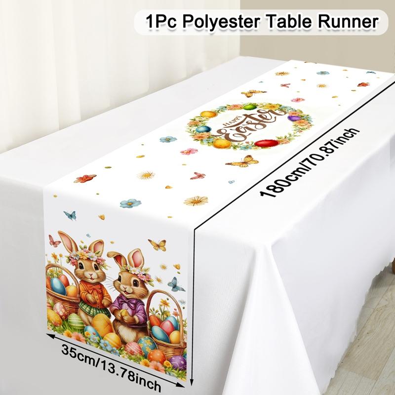 Vintage Easter Bunny Table Runner Polyester Rabbit Eggs Flower Table Cover Easter Decoration For Home Kitchen Dining Table Decor