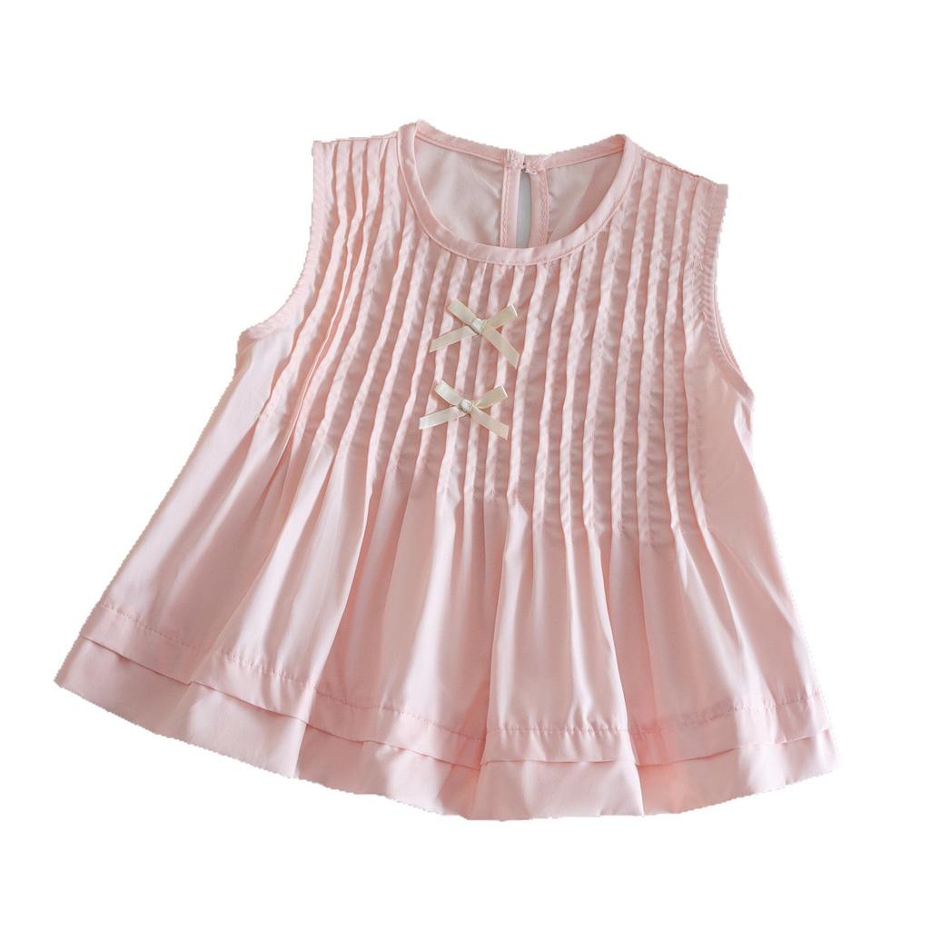 Girls Summer Sleeveless Babydoll Shirt With Bow And Pleats Casual Chic Versatile Top For Kids