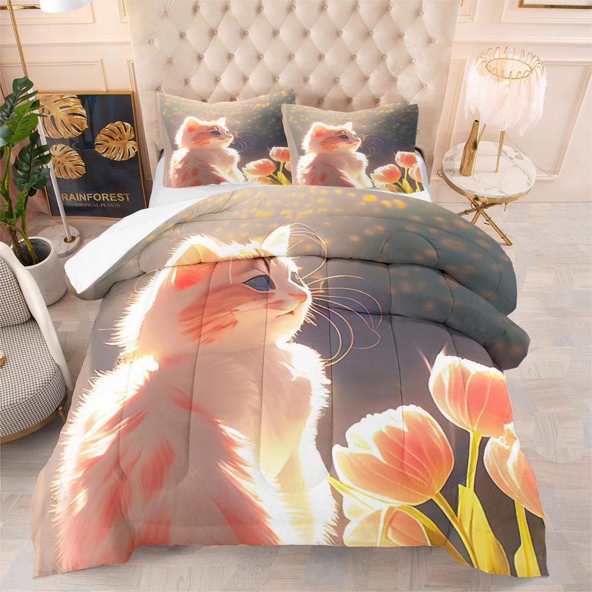 

Cute Cat Bedroom Comforter Set - Printed Comforter, Bedding 3-piece Set, Filled Cotton, Available Individually 140*200cm