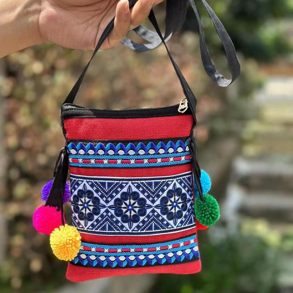 Ethnic Style Embroidery Cross Stitch Crossbody Small Bag Zero Wallet Mobile Phone Key Bag Lightweight for Women
