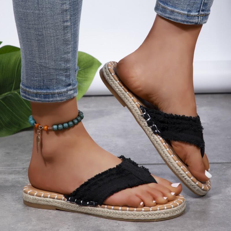Flip Over Flat Bottomed Clip On Foot Plus Size Hemp Rope Flip Flops for Women, Comfortable Flat Bottomed Canvas Slippers for Women