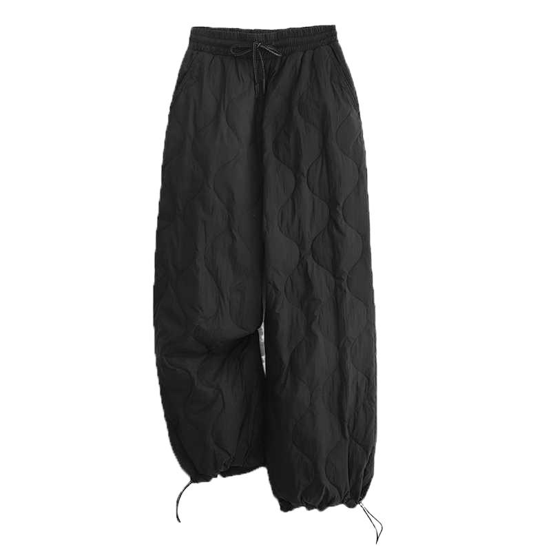 Tie Elastic Waist Diamond Lattice Embossed Line Cotton Pants Female Autumn and Winter New Literary Big Yards Loose Windproof Warm Wide-legged Pants