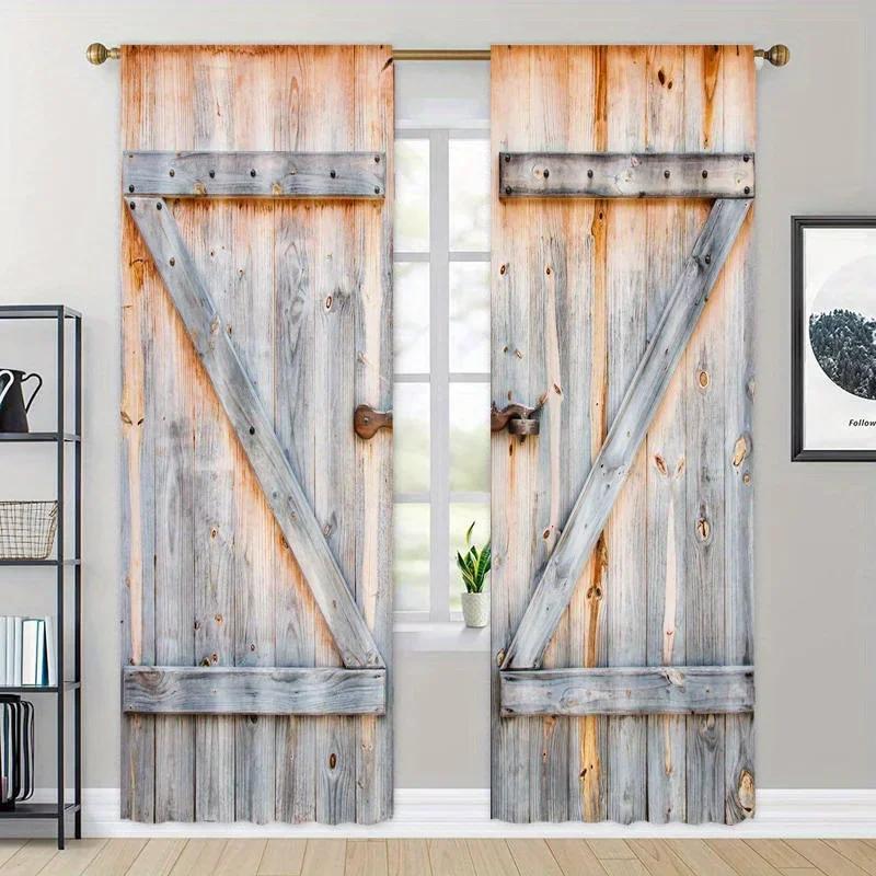 3D 2pcs Metal Wooden Accessories Wooden Door Printed Curtains Living Room Bedroom Decoration 3D Digital Printing Curtain Home De