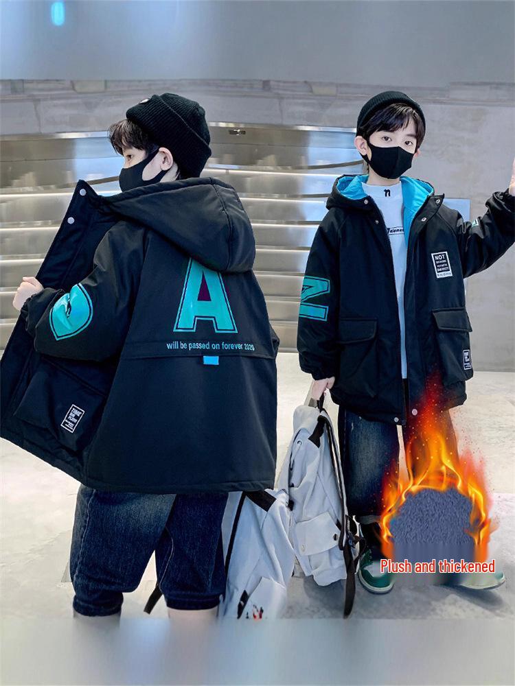 Boys' 2025 Winter Cotton-Padded Fleece-Lined Parka with Rabbit Fur