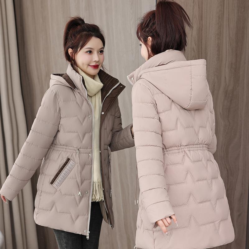 Winter new cotton-padded clothes women's medium and long slim-fitting thickened cotton-padded clothes hooded waist with down cotton-padded jacket