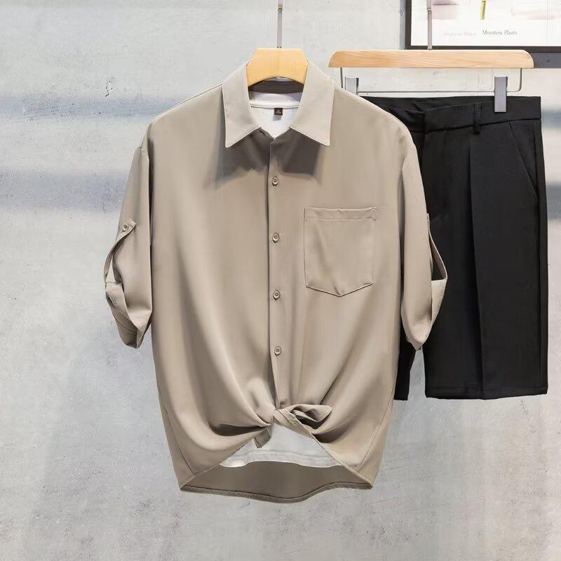 Mens Casual Loose Solid Thin Ice Silk Short Sleeve Shirt