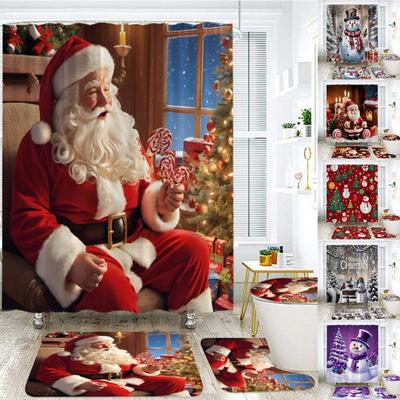 4pcs Set Merry Christmas Shower Curtain Bathroom Toilet Cover Mat Rug Xmas Decor
