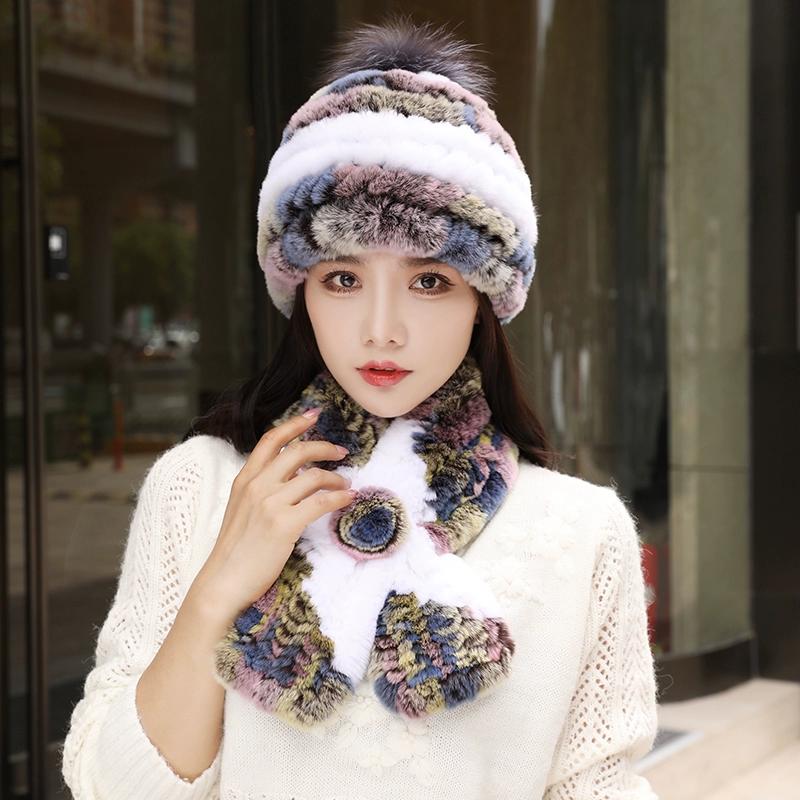 Fur Hat Female Autumn and Winter Rex Rabbit Hair Warm Ear Protection Scarf Two-piece Set Middle-aged and Elderly Grandma Casual Mother Hat