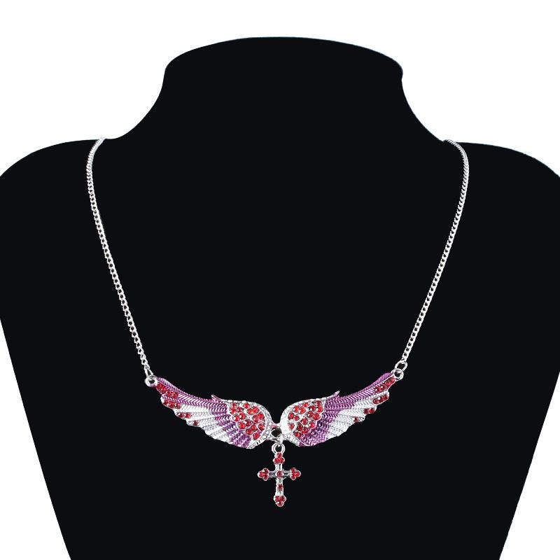 Fashion Simulated Diamond Decorated Angel Wing Cross Pendant Necklace
