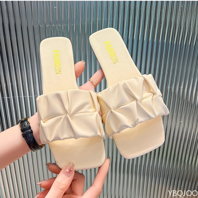 Ladies' Cool Slippers for Outdoor Wear In Summer 2025 Versatile Casual Simple Comfortable Pleated Flat Heeled One-piece Slippers