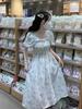 French first love floral dress female summer small temperament waist square neck bubble sleeve fairy gentle wind long dress