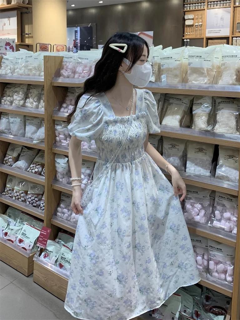 French first love floral dress female summer small temperament waist square neck bubble sleeve fairy gentle wind long dress