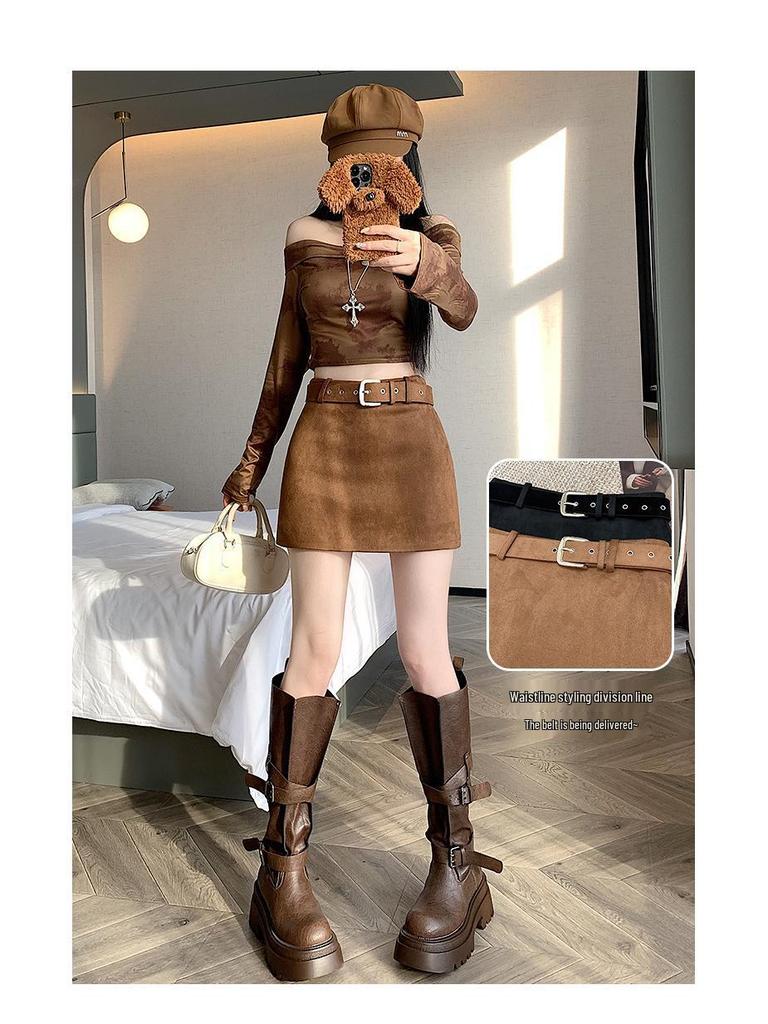 Women's Retro High-Waist Brown Suede A-line Mini Skirt - Spring/Autumn